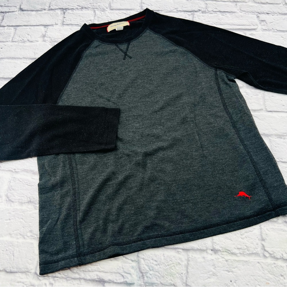 Tommy Bahama Mens Large Crew Neck Raglan Shirt Black Grey Long Sleeve